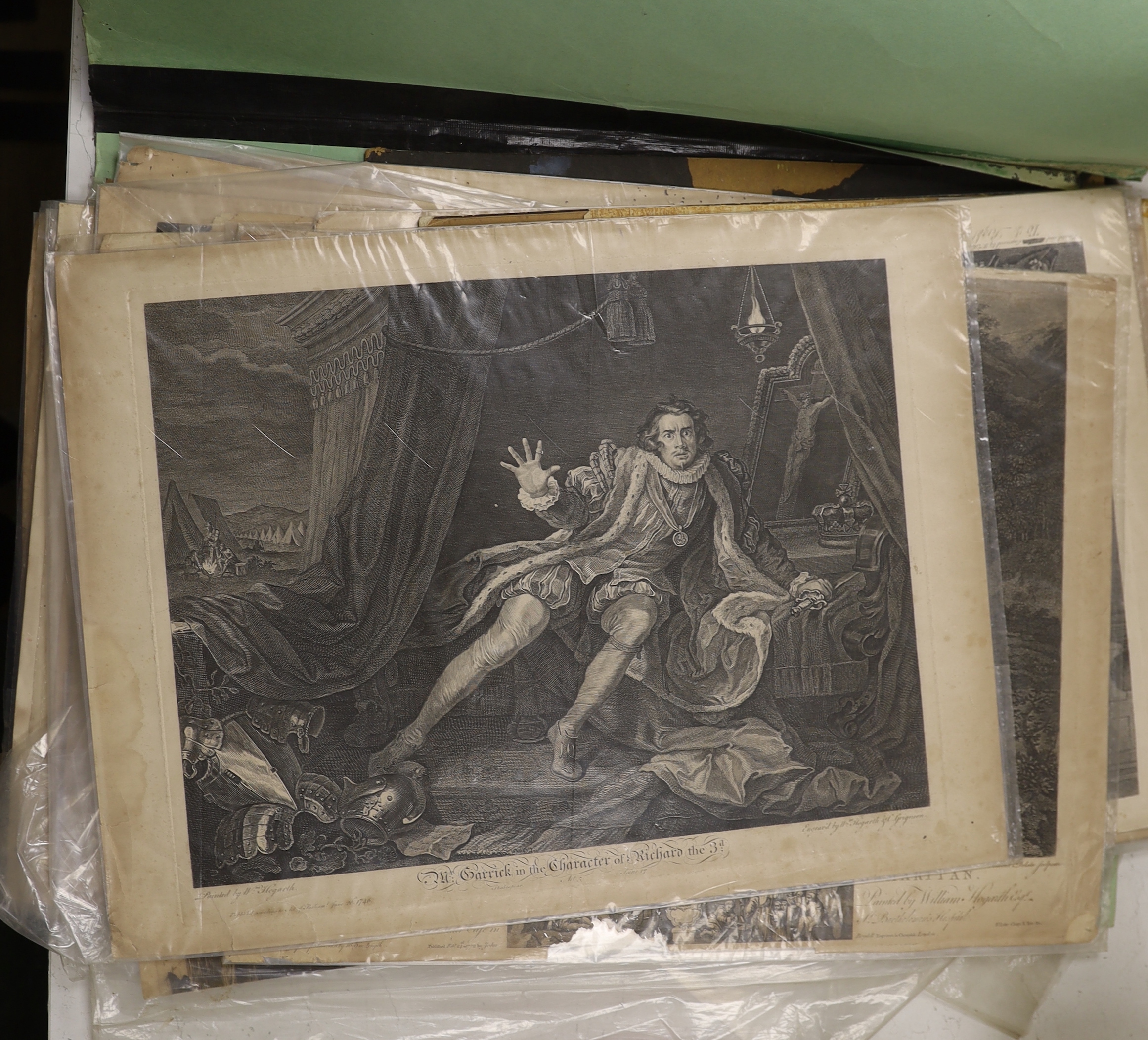 After William Hogarth (1697-1764), portfolio of over thirteen 18th century and later engravings including ‘The Good Samaritan’, publ. 1772 by John Boydell and ‘Beggars Opera, Act III’, publ. 1790, together with other unf